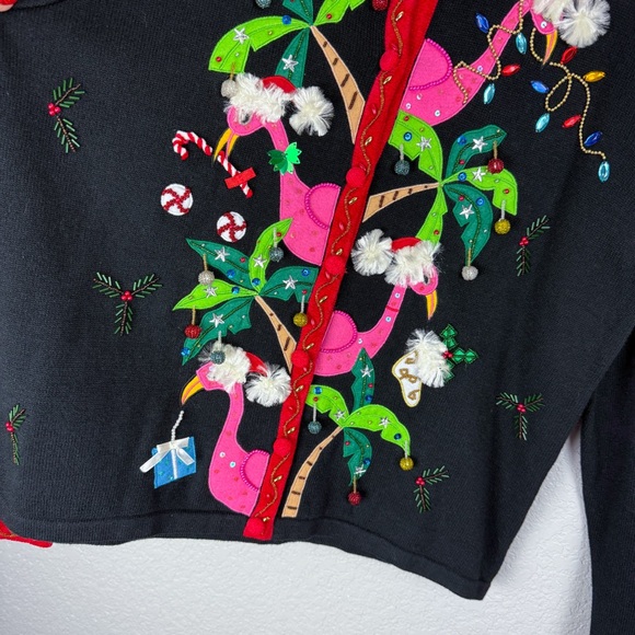 Berek Rare Vintage Tropical Flamingo Christmas Cardigan Sweater M Beaded Sequins - Picture 6 of 12